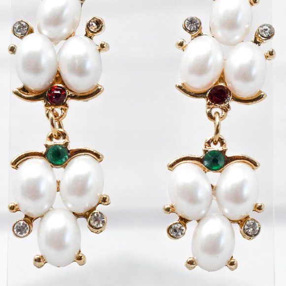 1.75" Drop Dangle Pearl Red/Green Earrings - Picture 9 of 12